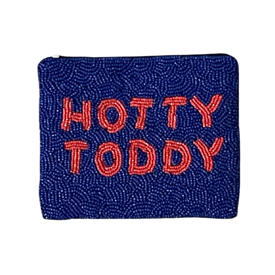 Blue beaded pouch with 'HOTTY TODDY' text in red on a white background
