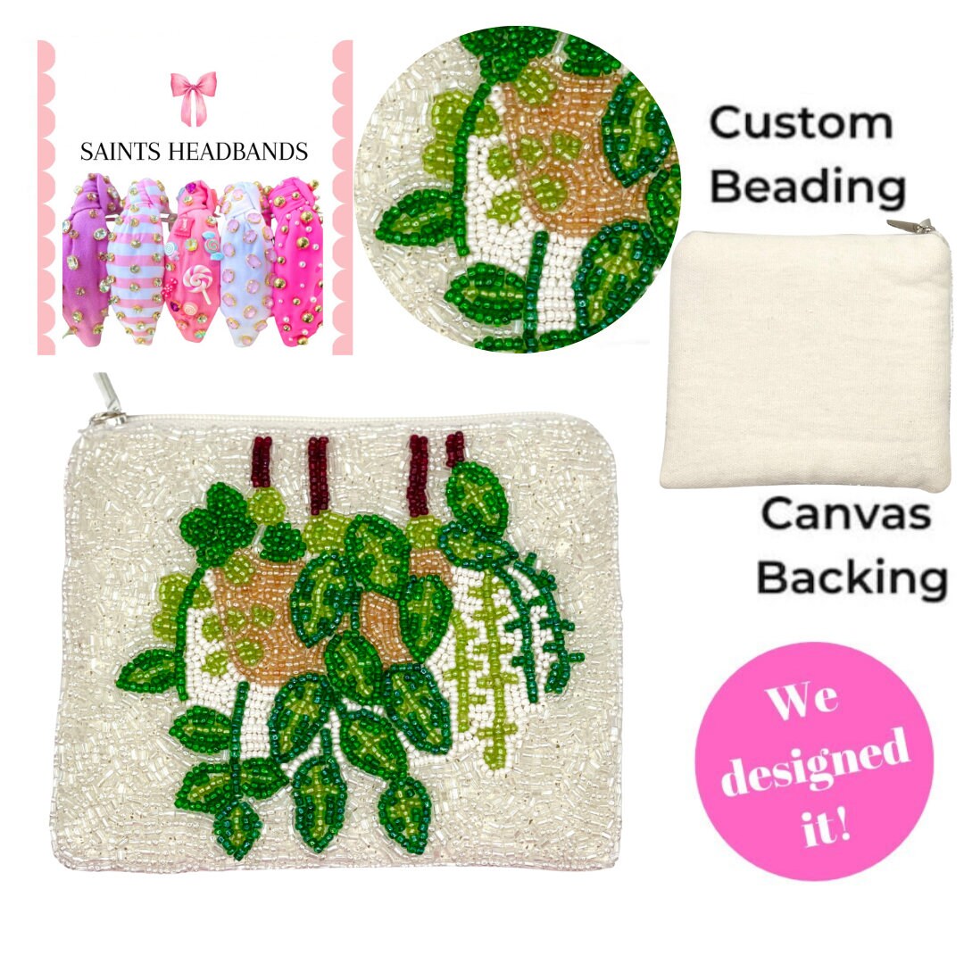 Beaded pouch with plant design, Saints Headbands headbands, and a coin purse with text about custom beading and canvas backing.
