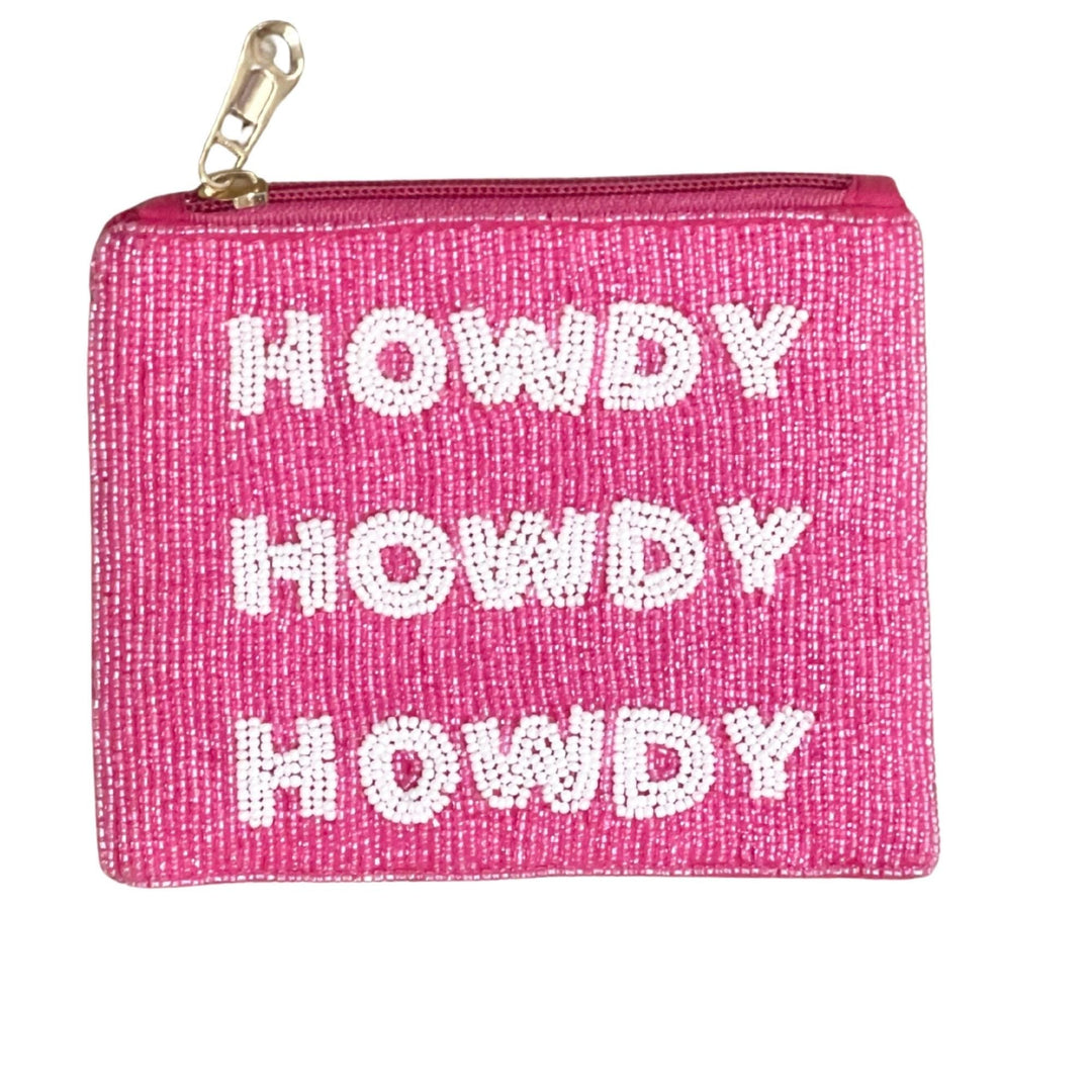 Pink pouch with 'HOWDY' text on a white background