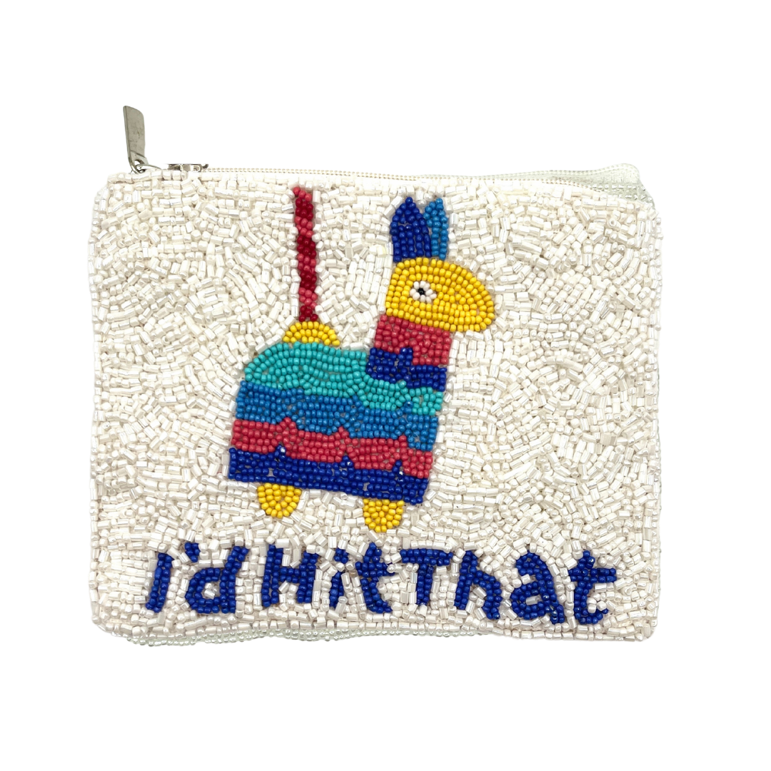 Beaded pouch with colorful llama design and 'I'd Hit That' text on a white background