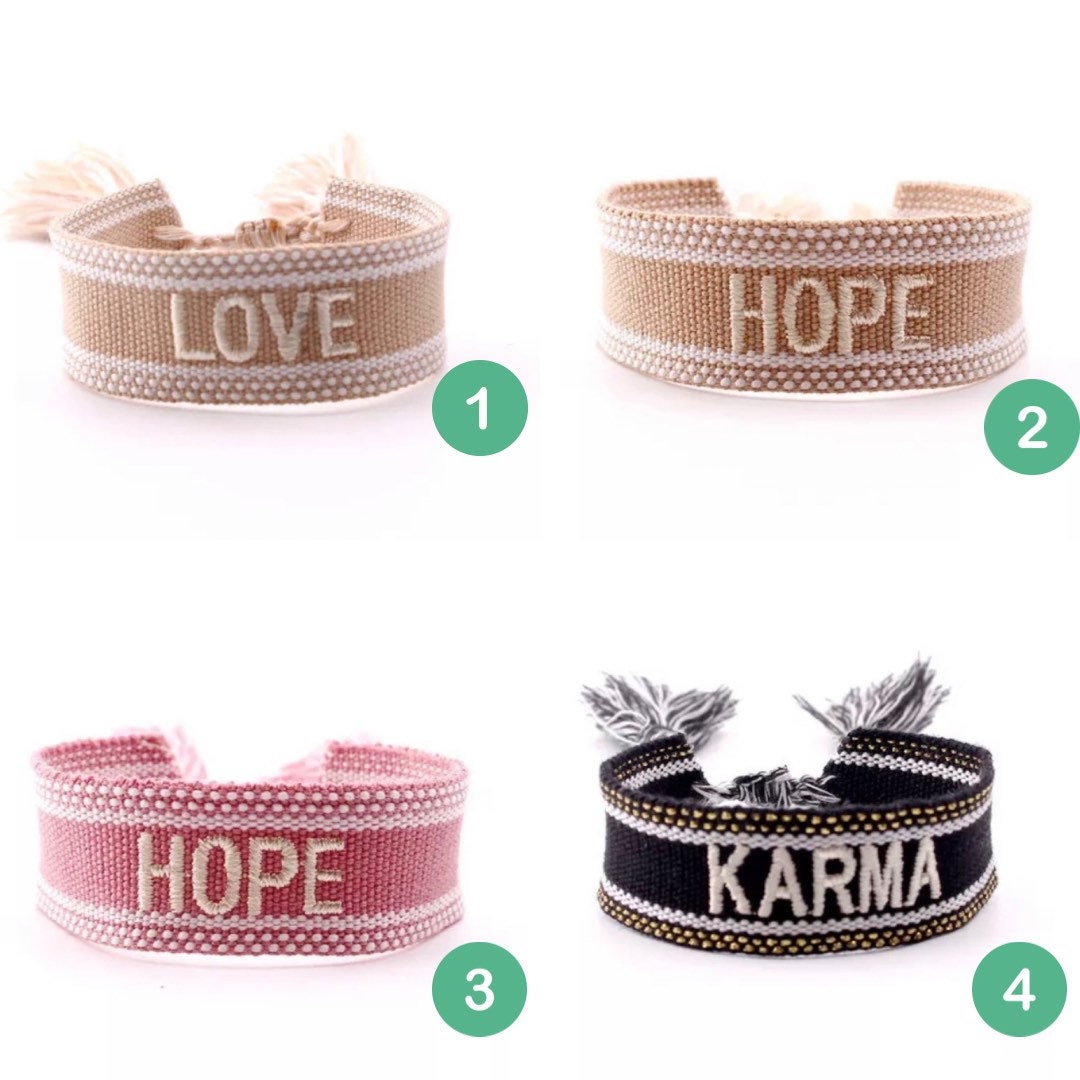 Embroidered Friendship Bracelet - Woven Heart and Word Design