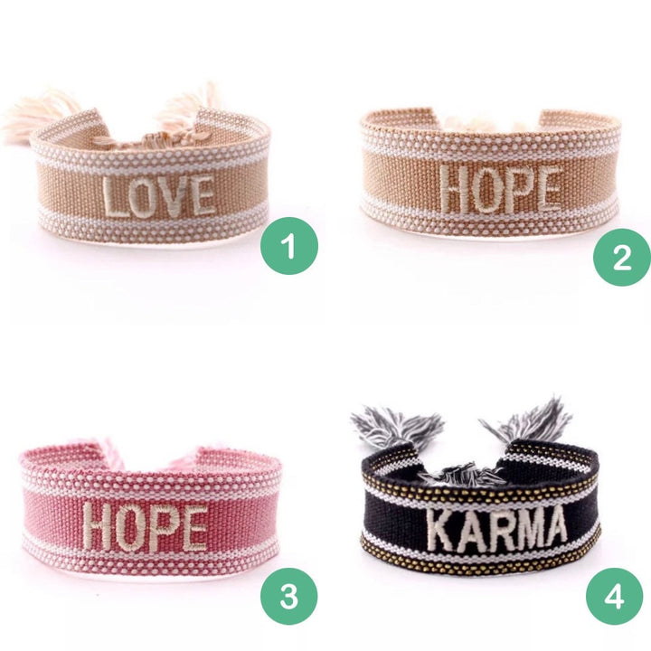 Embroidered Friendship Bracelet - Woven Heart and Word Design