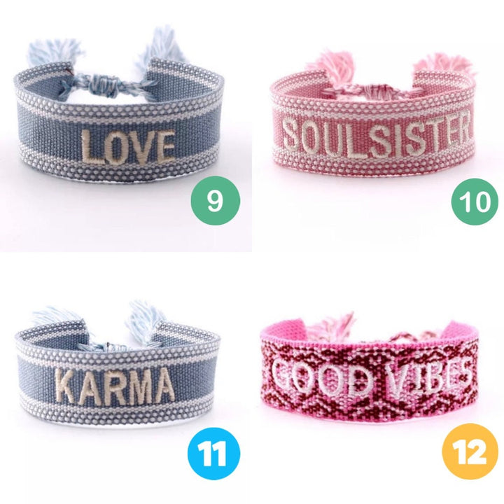 Embroidered Friendship Bracelet - Woven Heart and Word Design