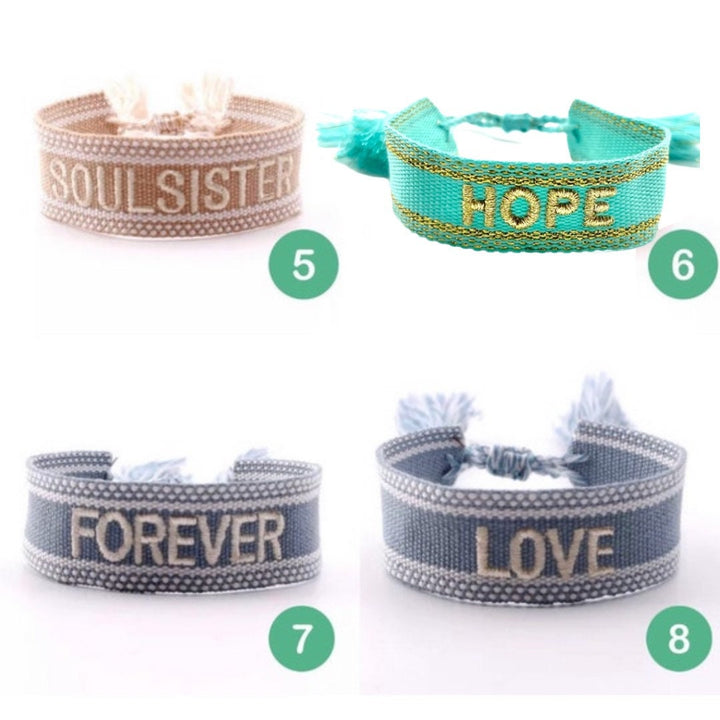 Embroidered Friendship Bracelet - Woven Heart and Word Design