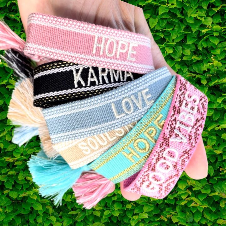 Embroidered Friendship Bracelet - Woven Heart and Word Design