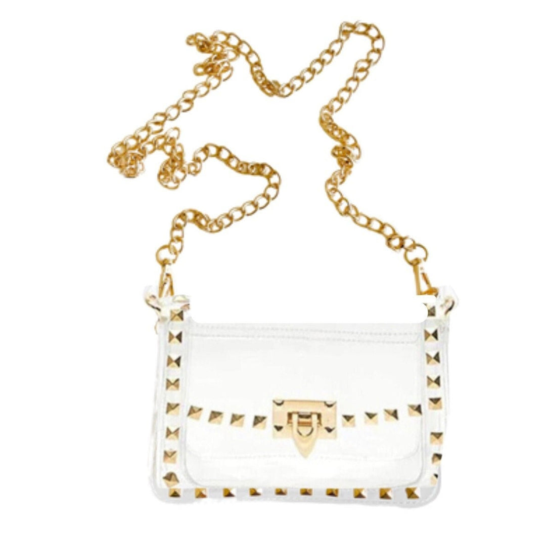 Gold Studded Clear Stadium Purse — front design by Saints Headbands