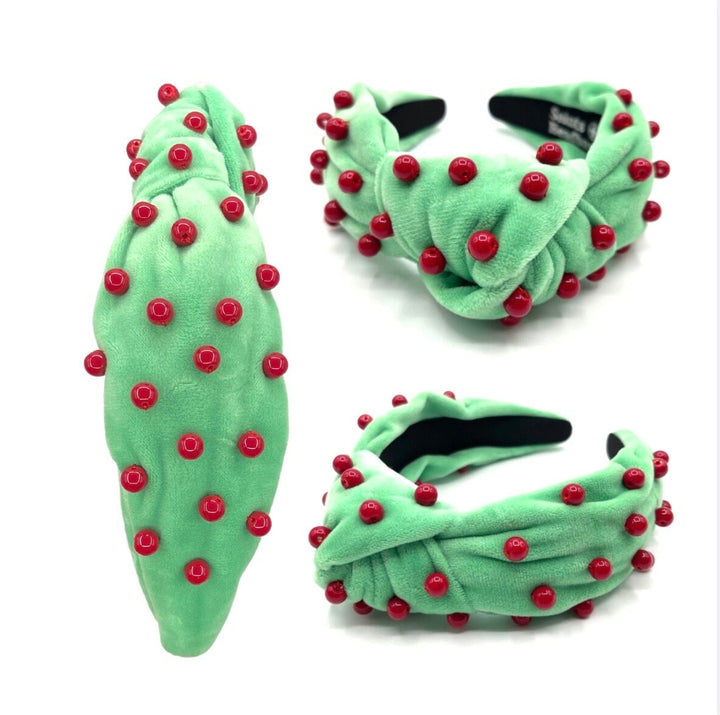 Plush Green Christmas Headband with Red Pearls