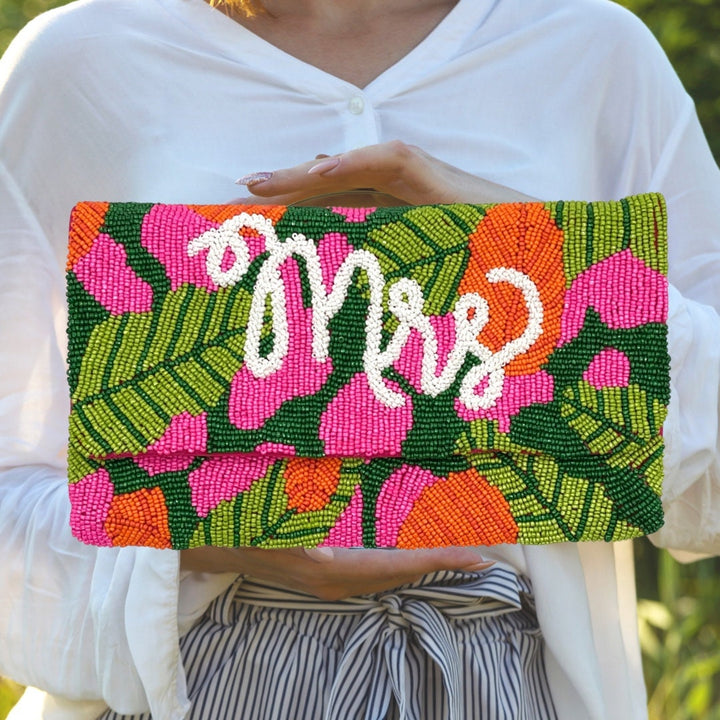 Colorful beaded clutch with floral design and &