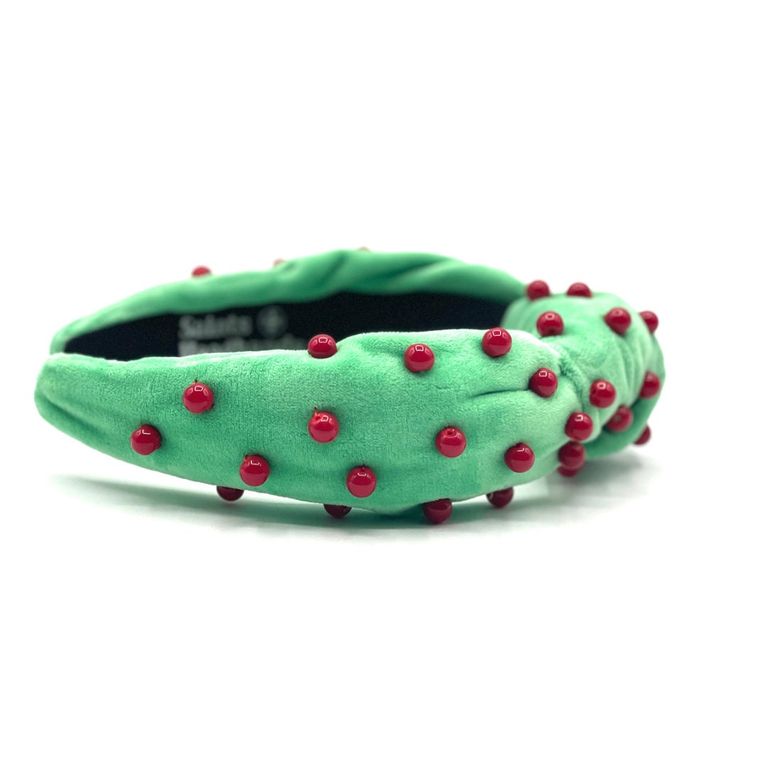 Plush Green Christmas Headband with Red Pearls