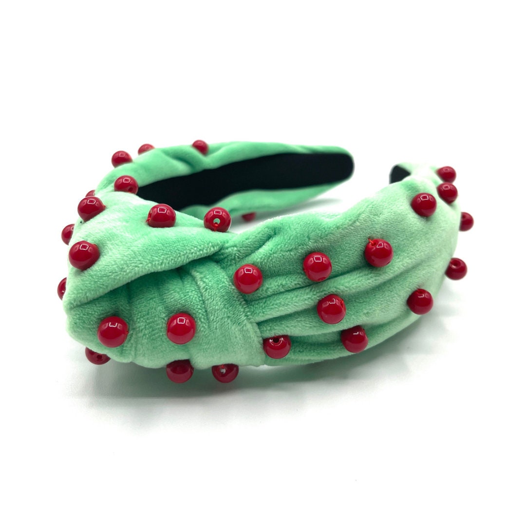 Plush Green Christmas Headband with Red Pearls