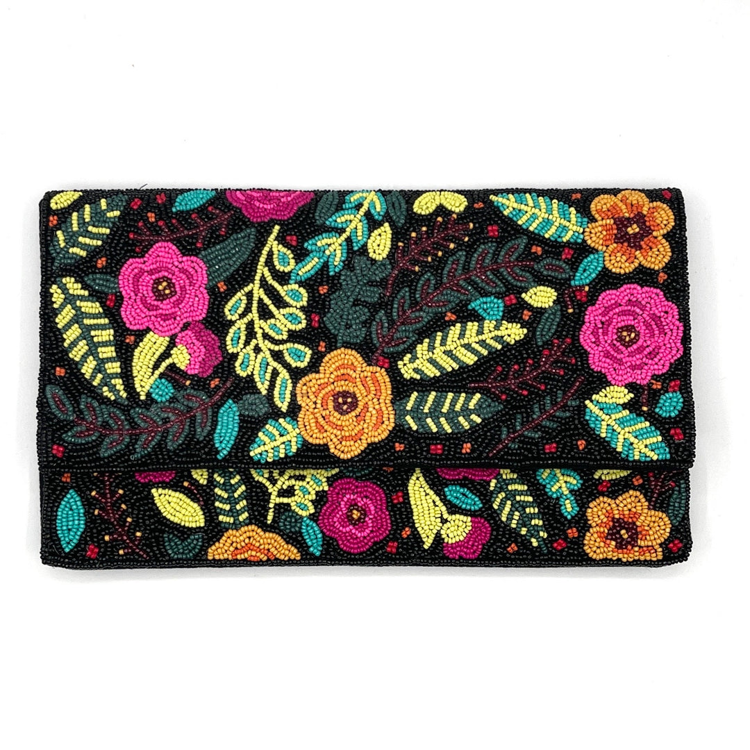 Floral patterned clutch bag with colorful flowers on a black background