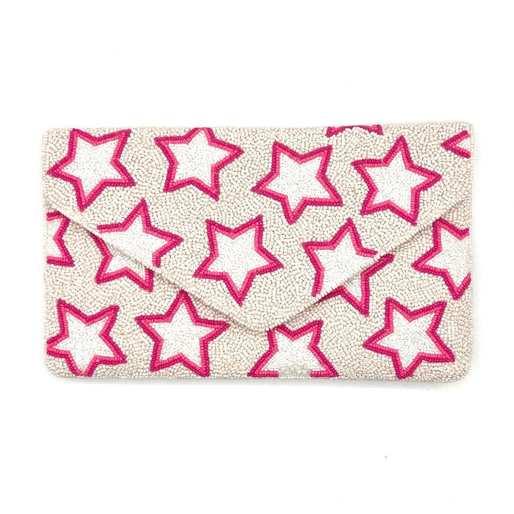 Star Beaded Clutch Pink and White — front design by Saints Headbands