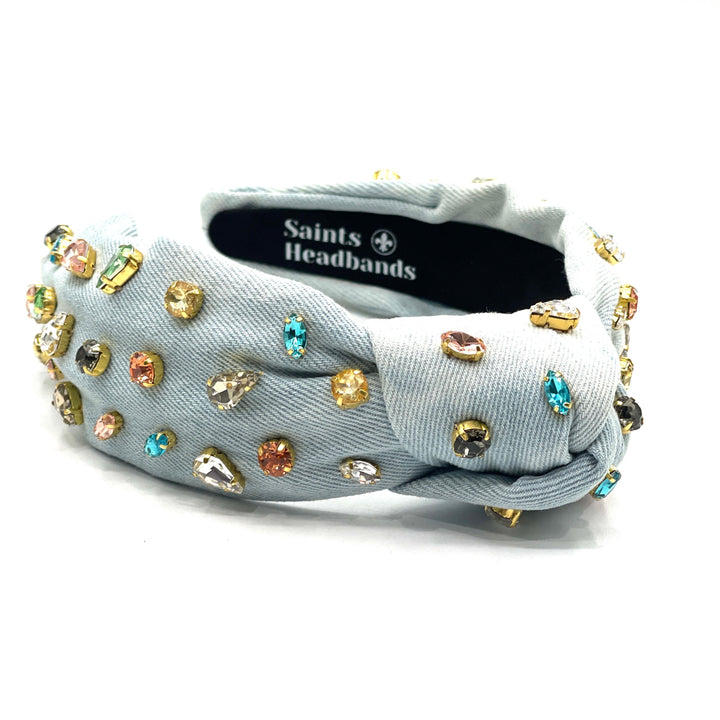 Denim Jewel Knot Headband w/ Rhinestones