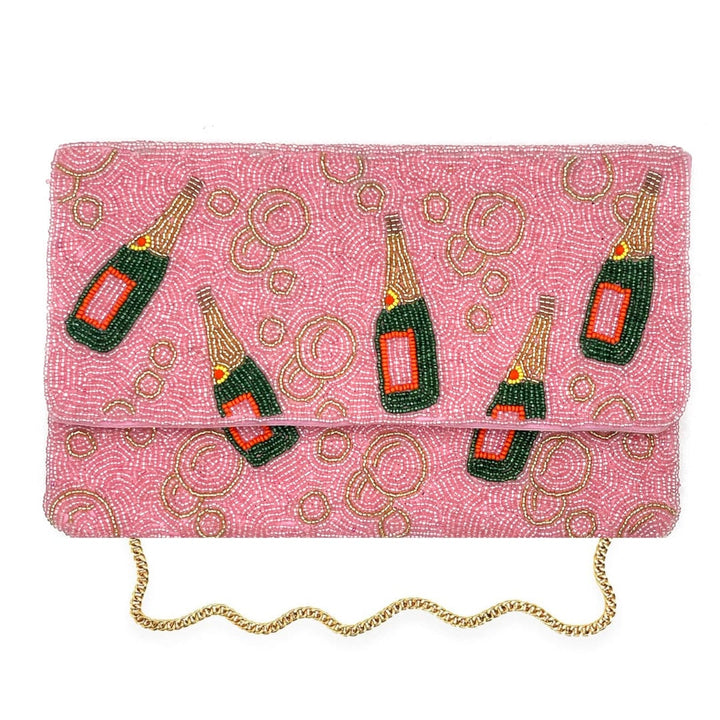 Pink Champagne Bottle Beaded Clutch &amp; Crossbody Bag