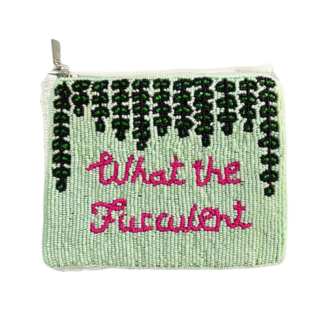 Beaded pouch with text 'What the F***' on a white background
