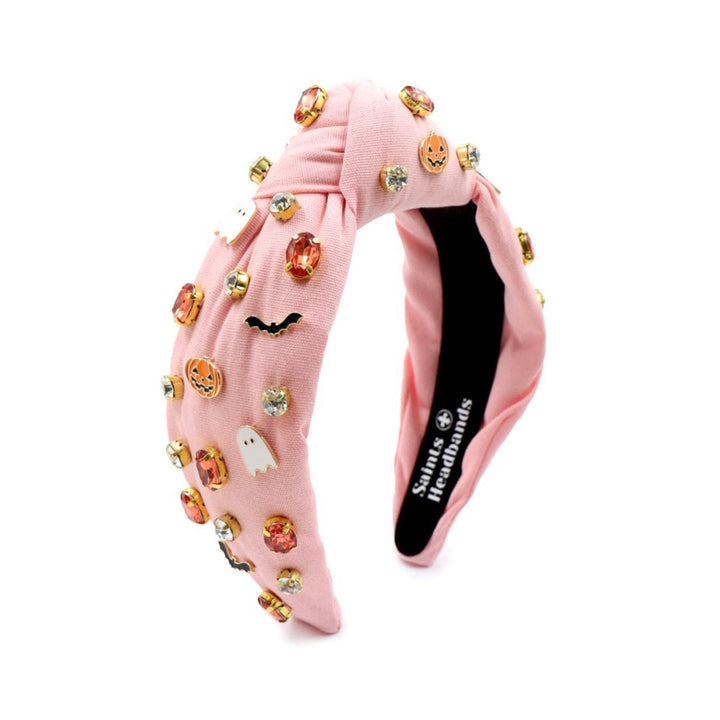 Pink Halloween Padded Headband with Spooky Charms — front view showing embellished design by Saints Headbands