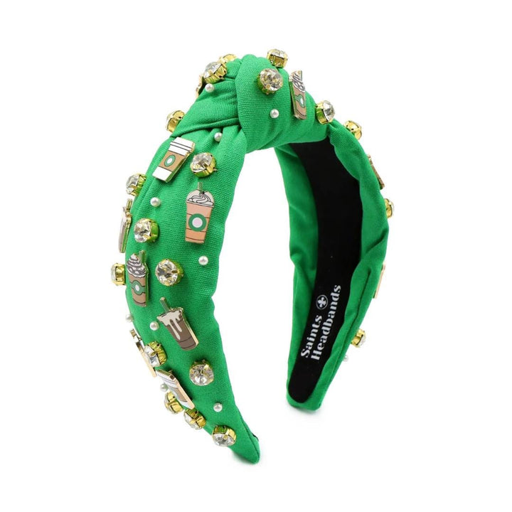 Green Coffee Lovers Jeweled Headband — front view showing embellished design by Saints Headbands