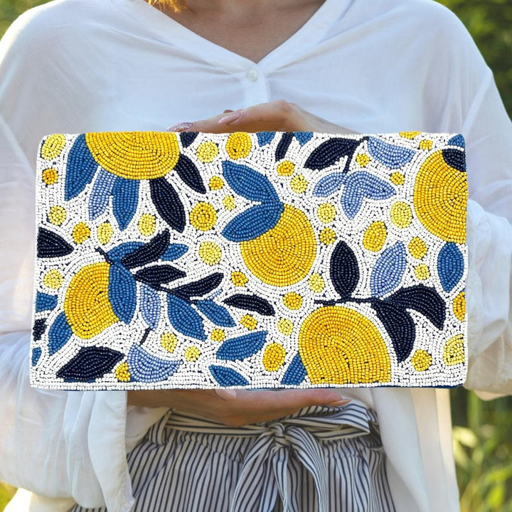 Blue & Yellow Lemon Beaded Clutch Purse Strap — front design by Saints Headbands