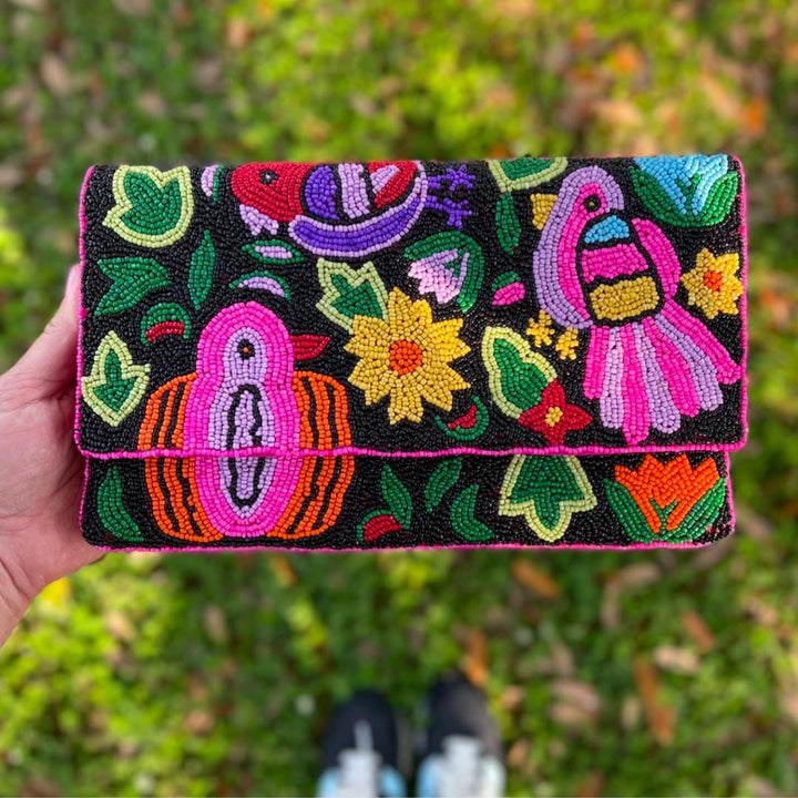 Tropical Floral Beaded Clutch &amp; Crossbody Purse