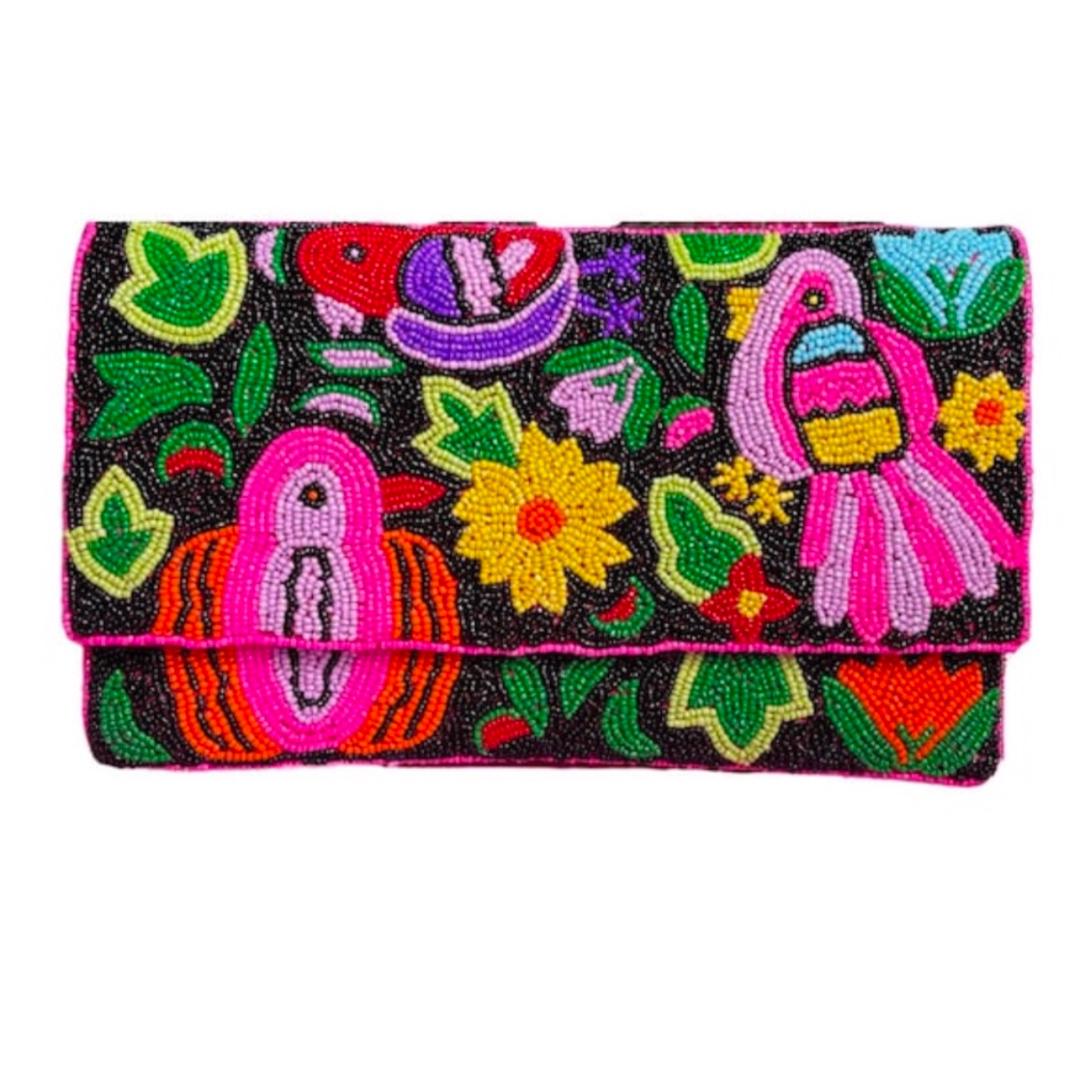 Tropical Floral Beaded Clutch &amp; Crossbody Purse