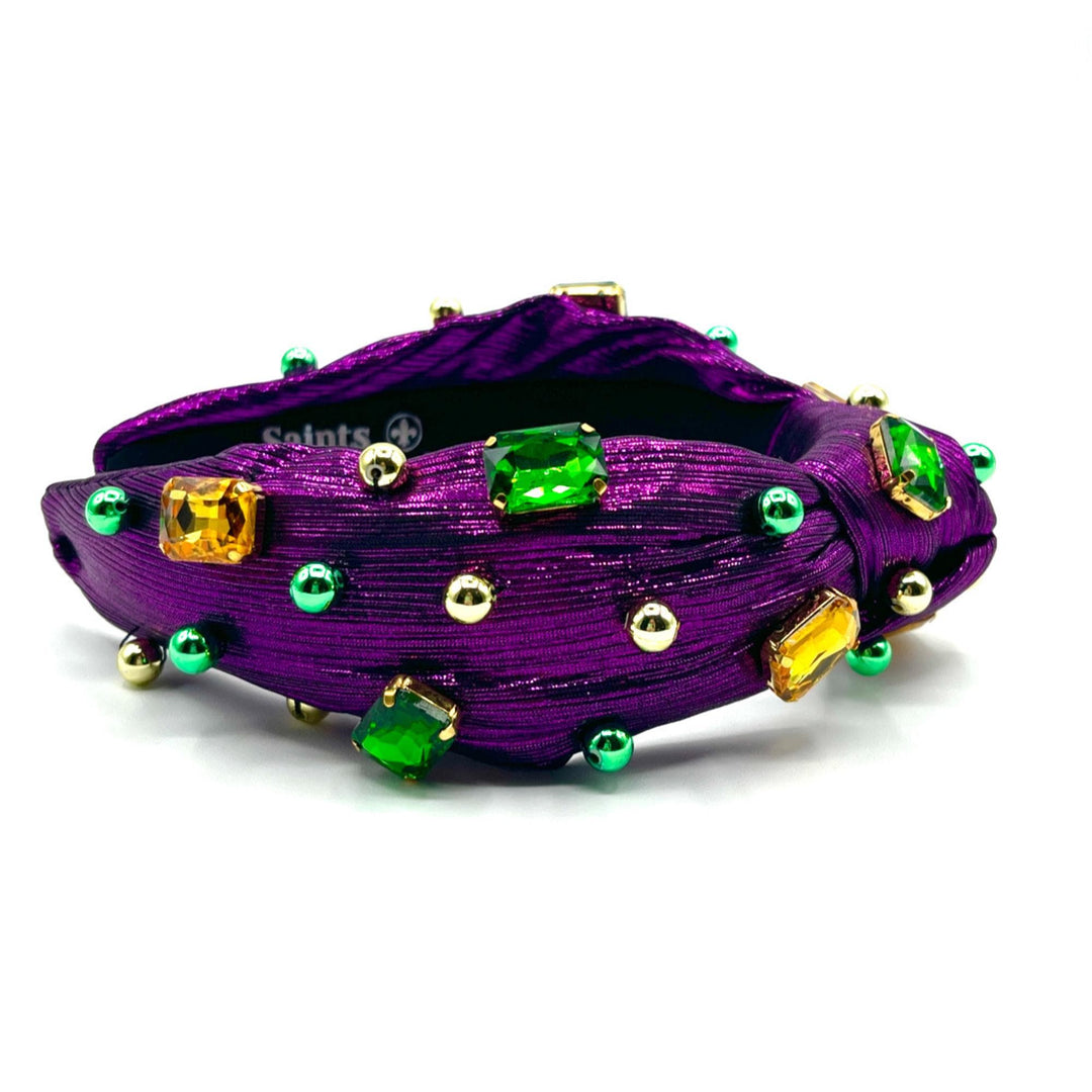 Sparkling Jeweled Mardi Gras Headband — side angle showing padded knot detail by Saints Headbands