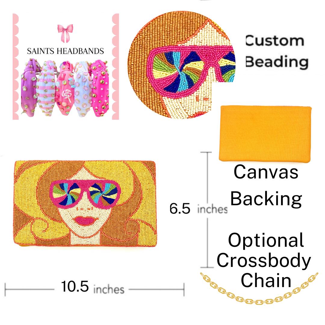 Colorful beaded product with dimensions and features on a white background