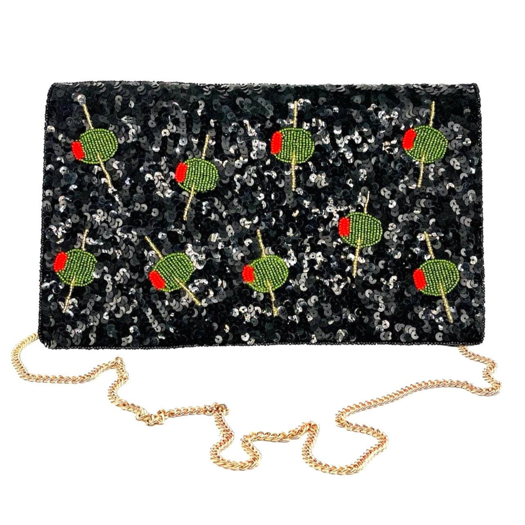 Black sequin clutch with martini olives and sequins