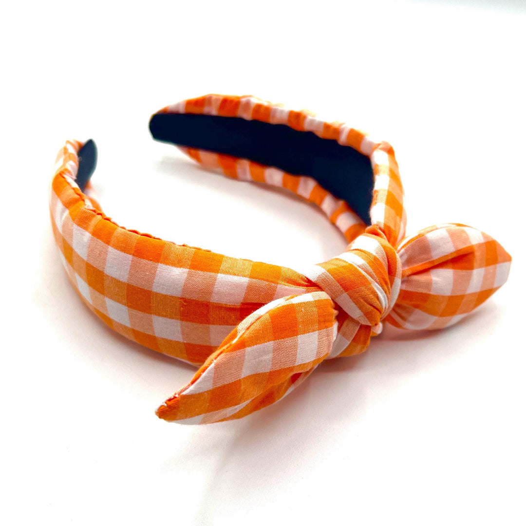 Orange and White Gingham Bow Knot Headband — main view by Saints Headbands