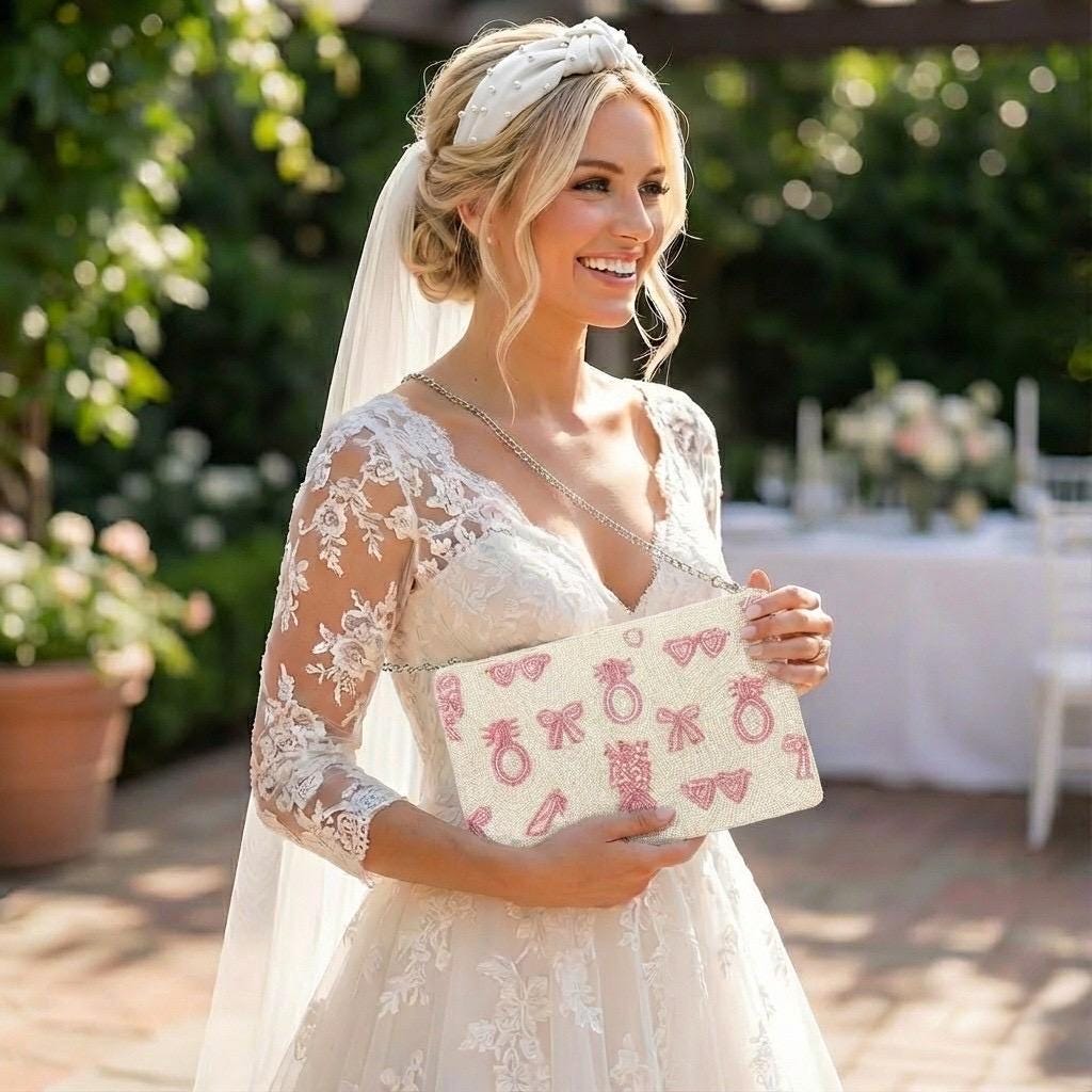 Bride Beaded Clutch Purse, Pink Wedding Icons, Crossbody Bag