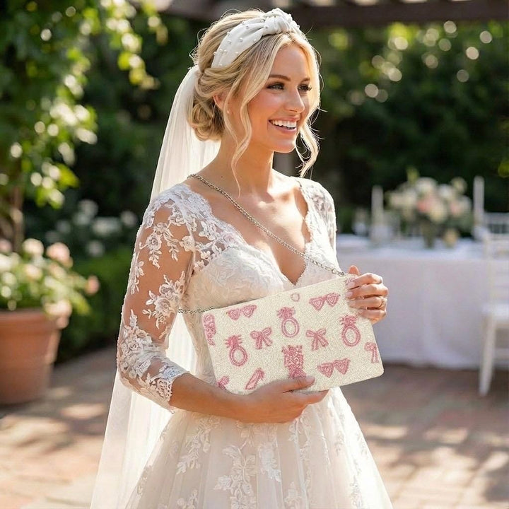 Bride Beaded Clutch Purse, Pink Wedding Icons, Crossbody Bag