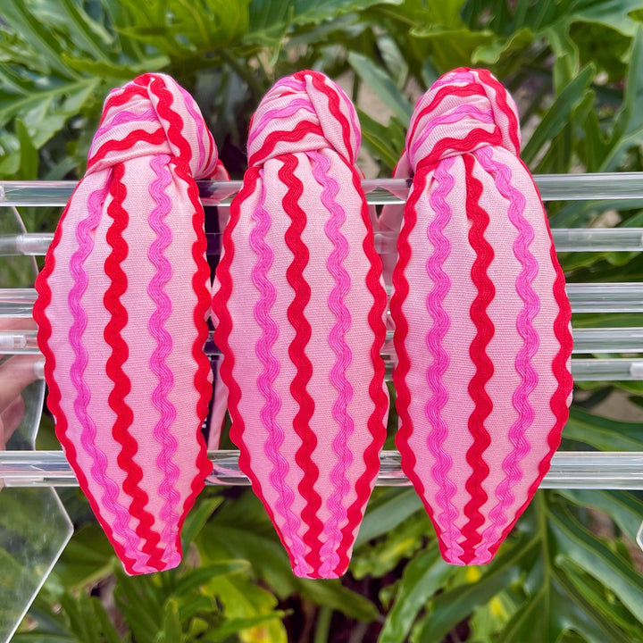 Pink &amp; Red Ric Rac Knot Headband — close-up of embellishments by Saints Headbands