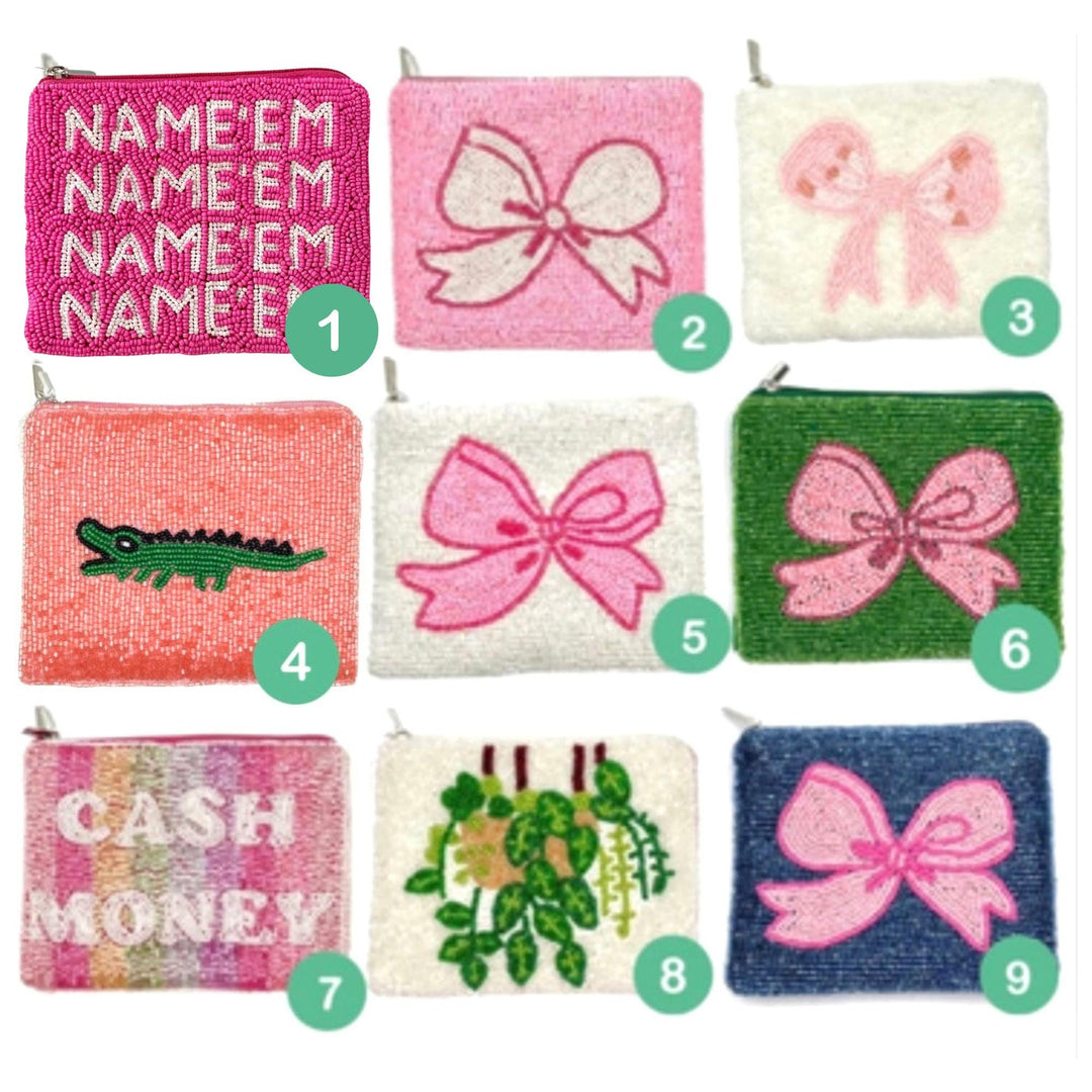 Collection of colorful pouches with various designs and text.