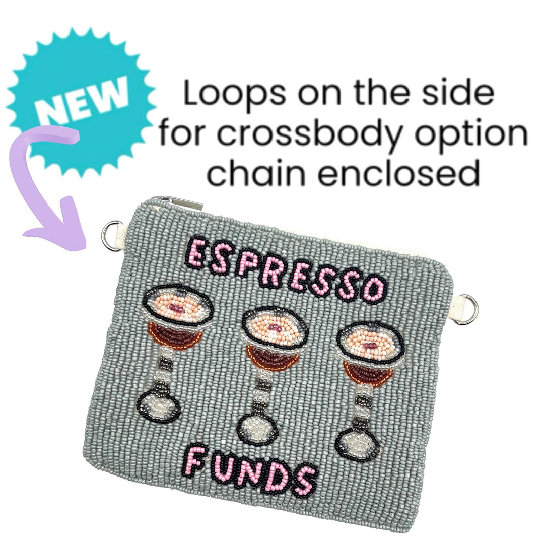 Espresso Funds Beaded Crossbody Purse Beaded Coin Purse — back view showing canvas backing and zipper by Saints Headbands