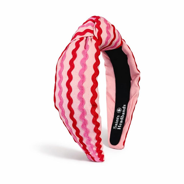 Pink &amp; Red Ric Rac Knot Headband — front view showing embellished design by Saints Headbands