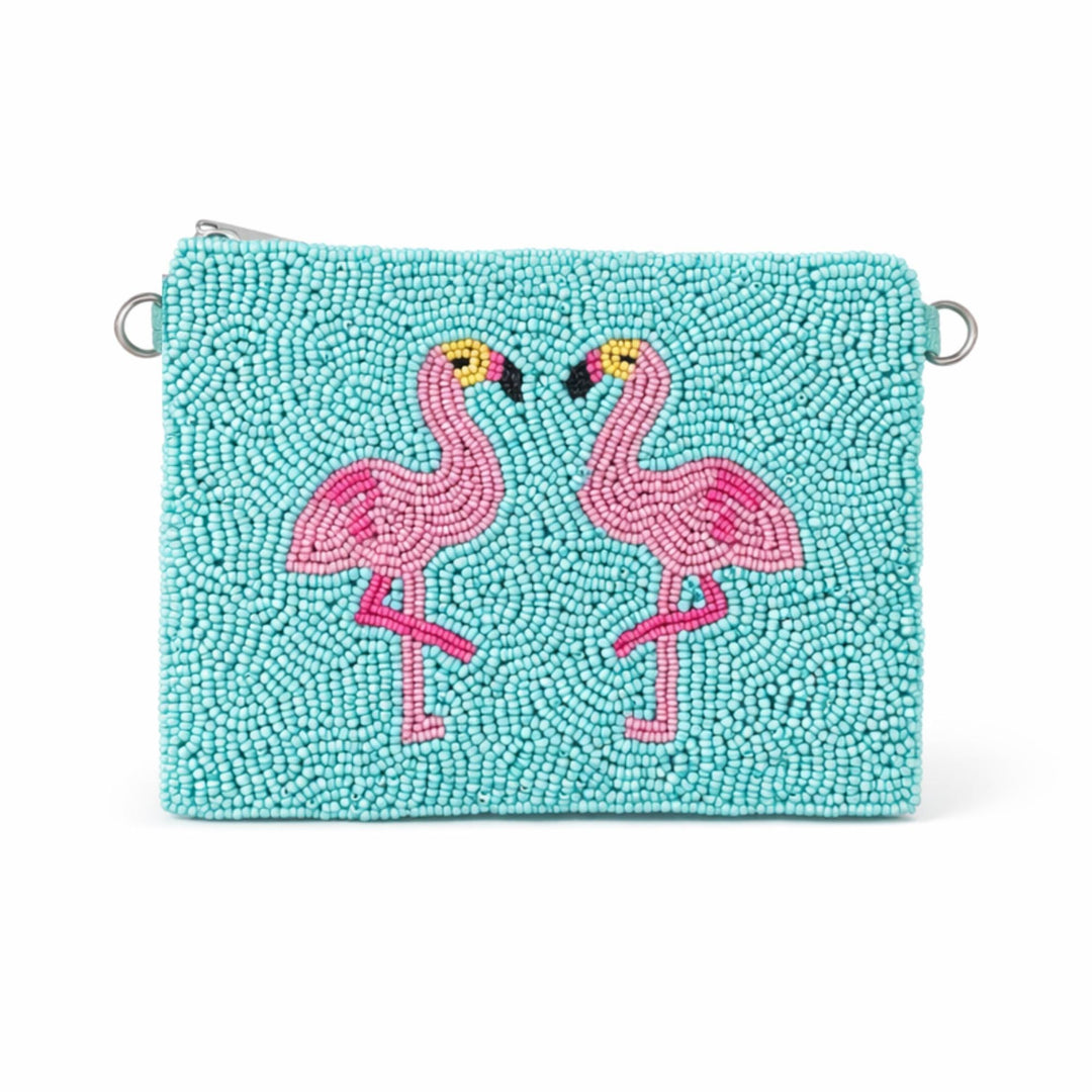 Turquoise beaded pouch with pink flamingo designs on a white background
