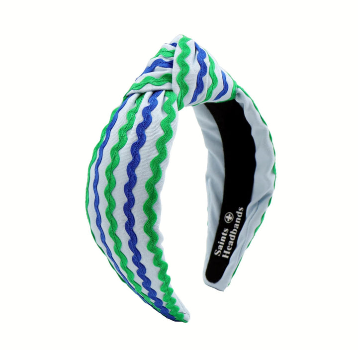 Blue &amp; Green Ric Rac Knot Headband — front view showing embellished design by Saints Headbands