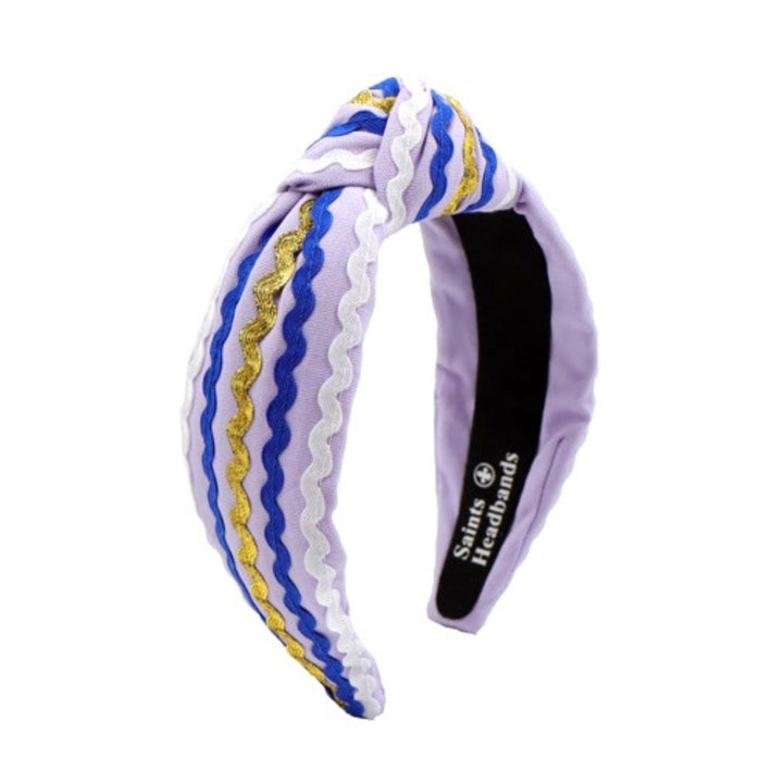 Purple &amp; Gold Ric Rac Knot Headband — front view showing embellished design by Saints Headbands
