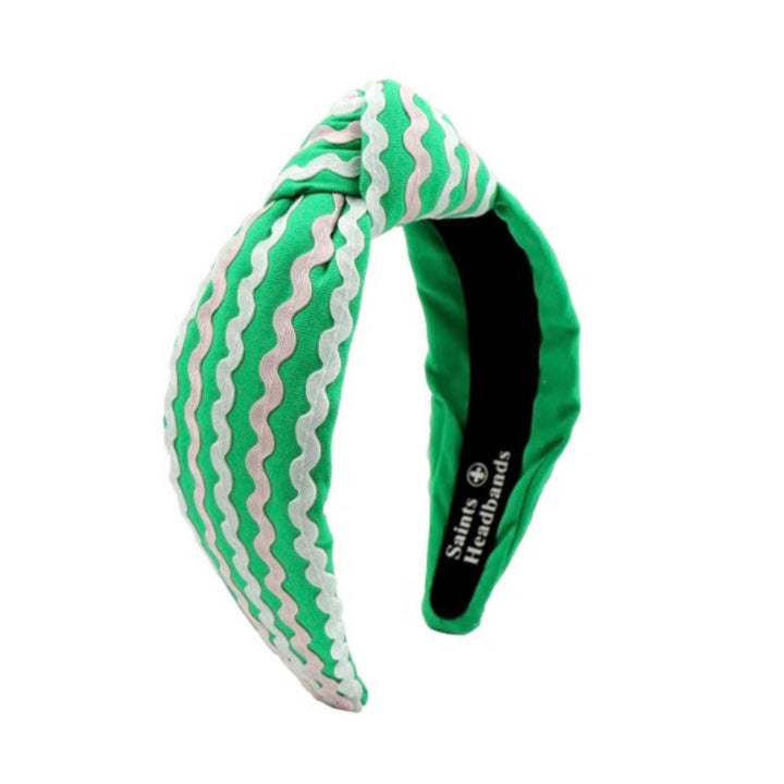 Green Pink and White Ric Rac Knot Headband — front view showing embellished design by Saints Headbands