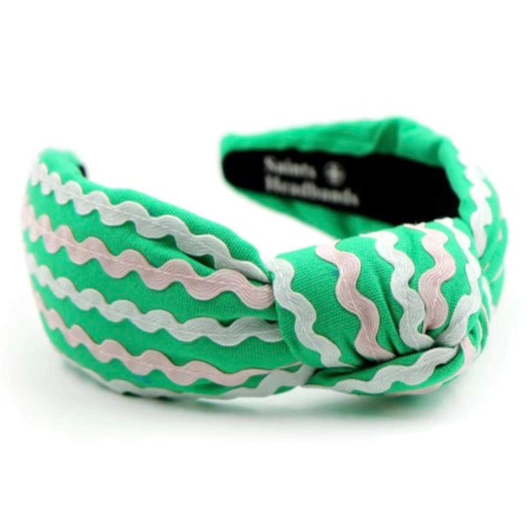 Green Pink and White Ric Rac Knot Headband — side angle showing padded knot detail by Saints Headbands