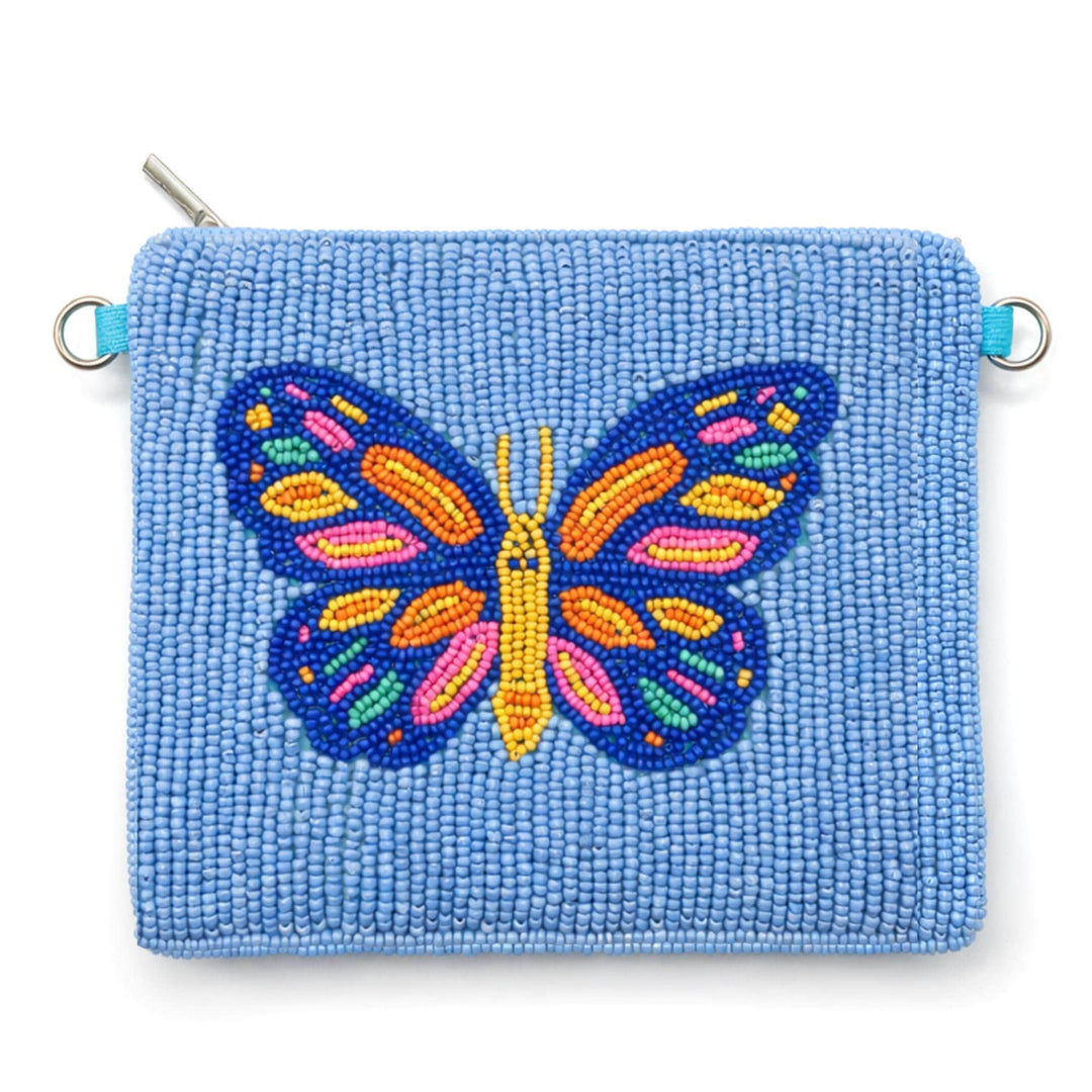 Blue beaded pouch with a colorful butterfly design on a white background