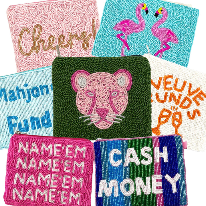 Collection of colorful beaded pouches with various designs and text.