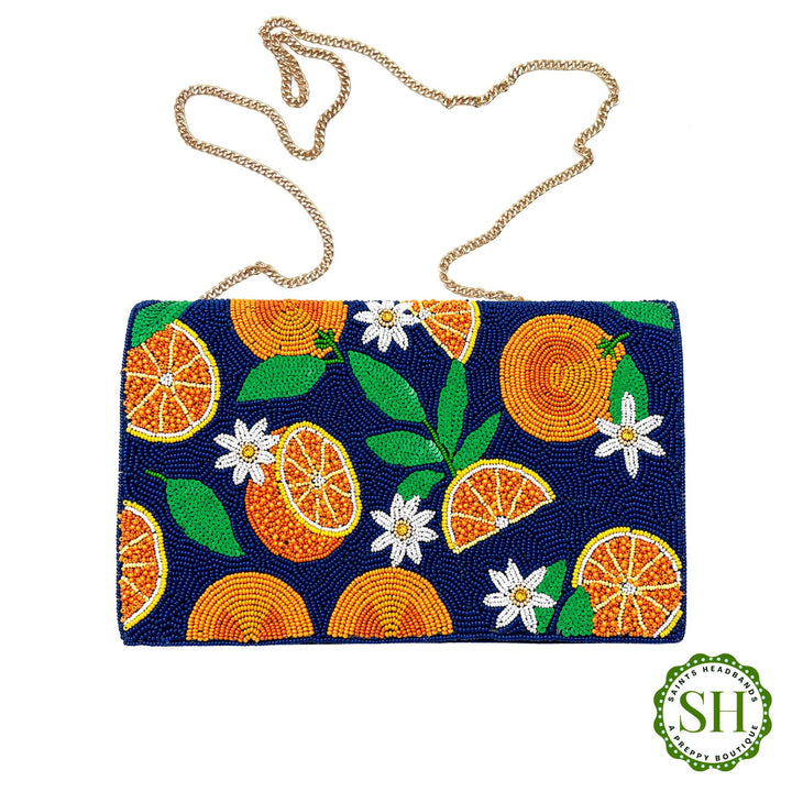 Navy Citrus Orange Beaded Clutch &amp; Statement Bag