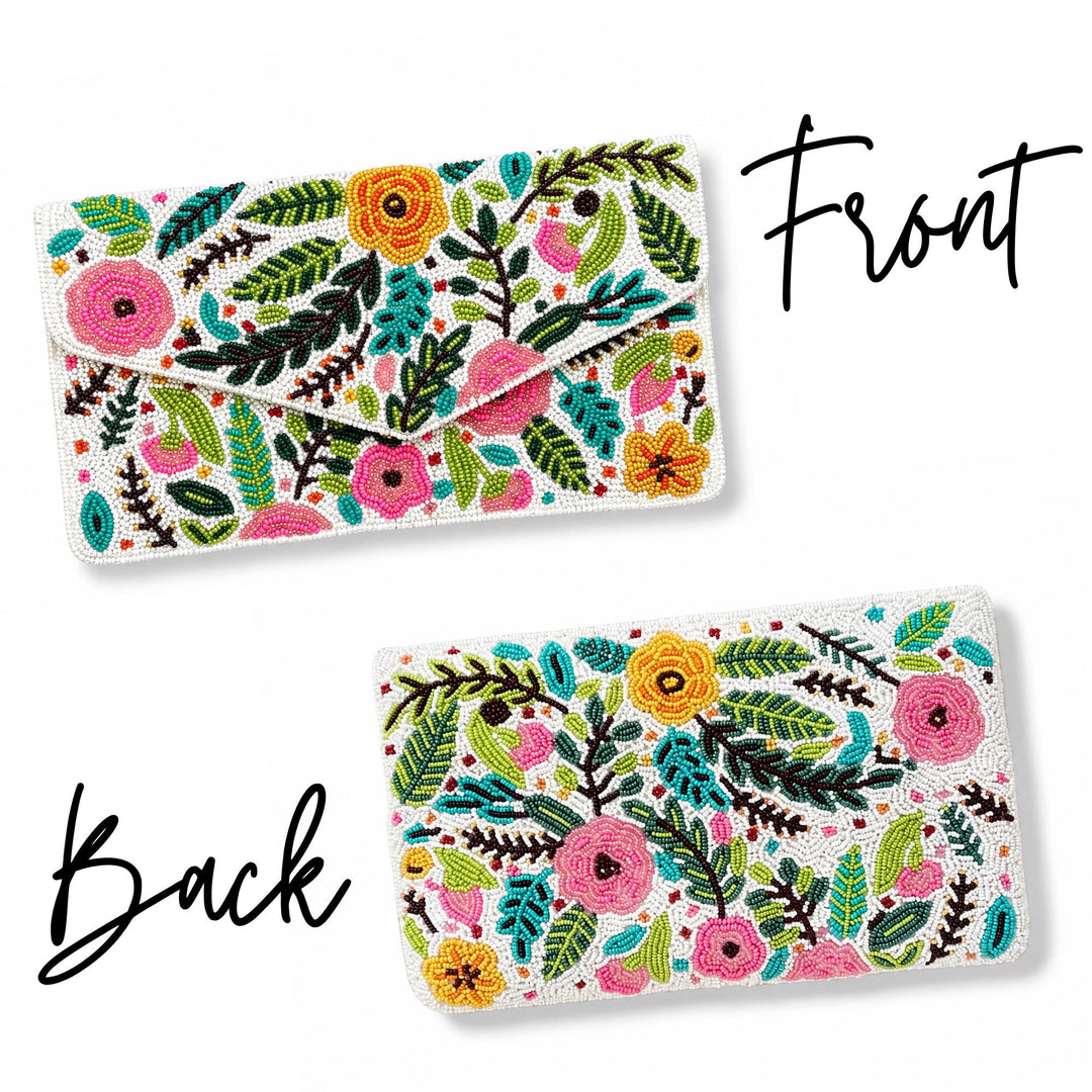 Floral embroidered clutch shown from front and back on a white background