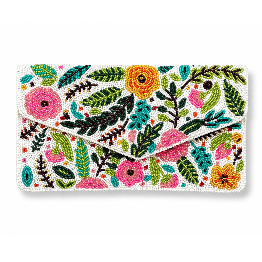 Colorful beaded clutch with floral design on a white background