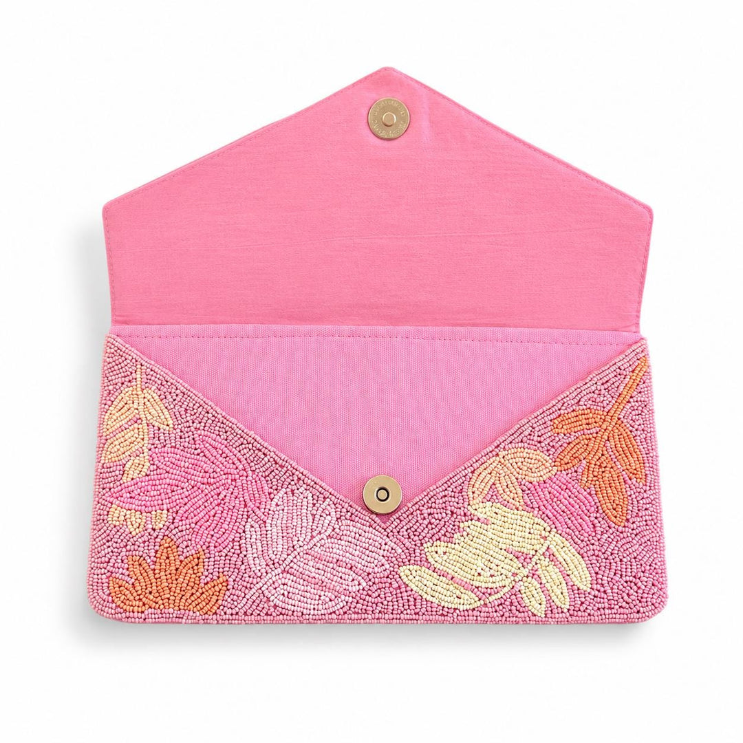 Pink Floral Beaded Clutch Bag