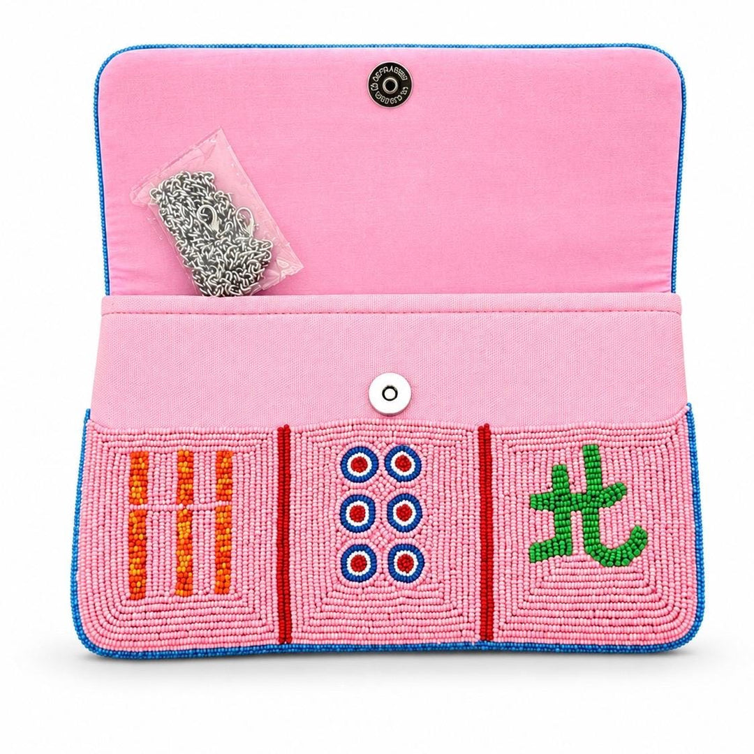 Pink Mahjong Tile Beaded Clutch