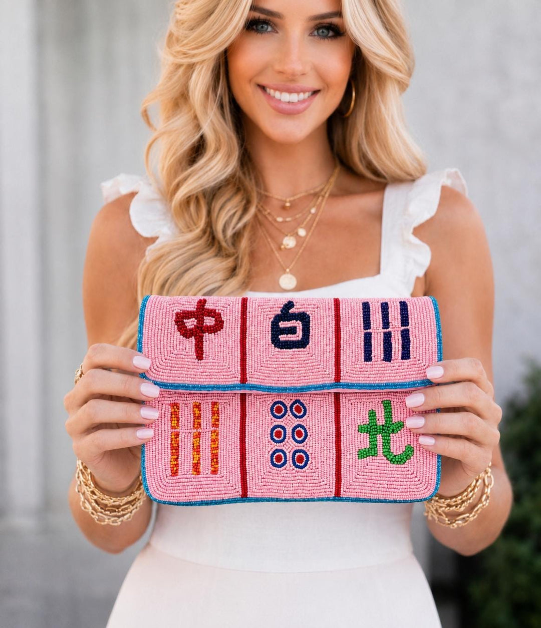 Pink Mahjong Tile Beaded Clutch