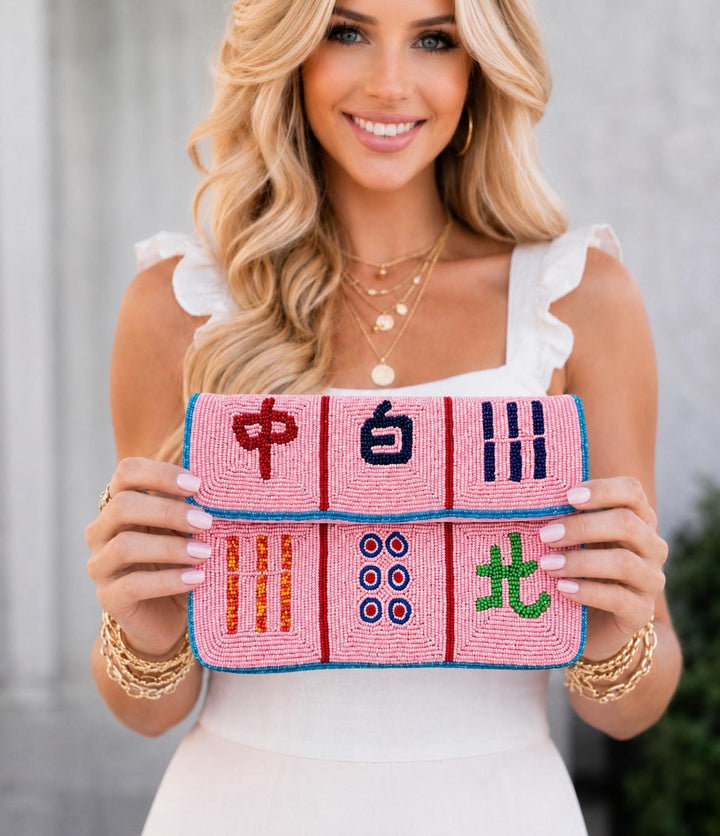 Pink Mahjong Tile Beaded Clutch