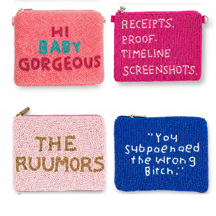 Real Housewives Beaded Coin Purse Collection — designs: Hi Baby Gorgeous, Receipts Proof, The Ruumors, You Subpoenaed by Saints Headbands