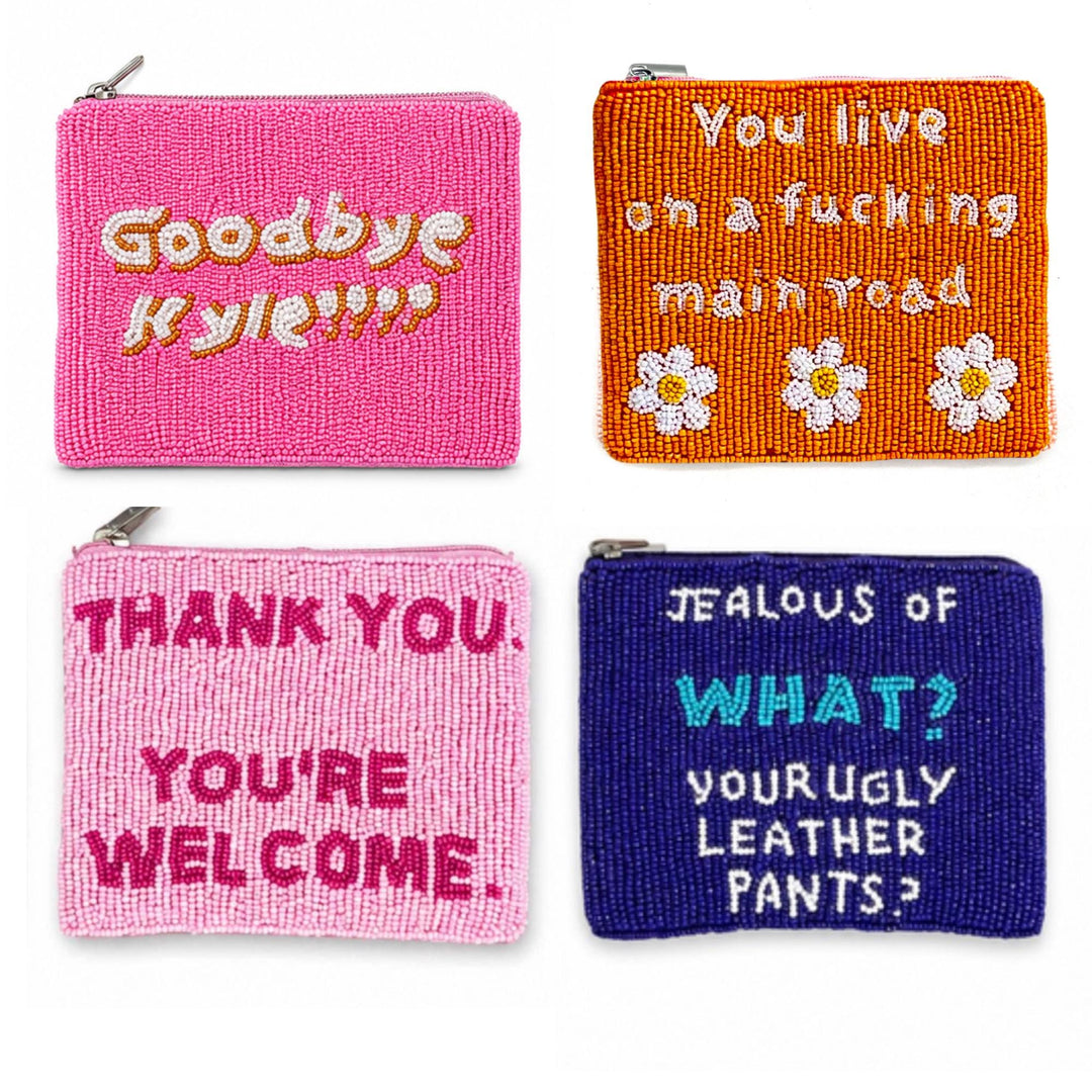 Real Housewives Beaded Coin Purse Collection — designs: Goodbye Kyle!, Main Road, Thank You, Jealous of What? by Saints Headbands